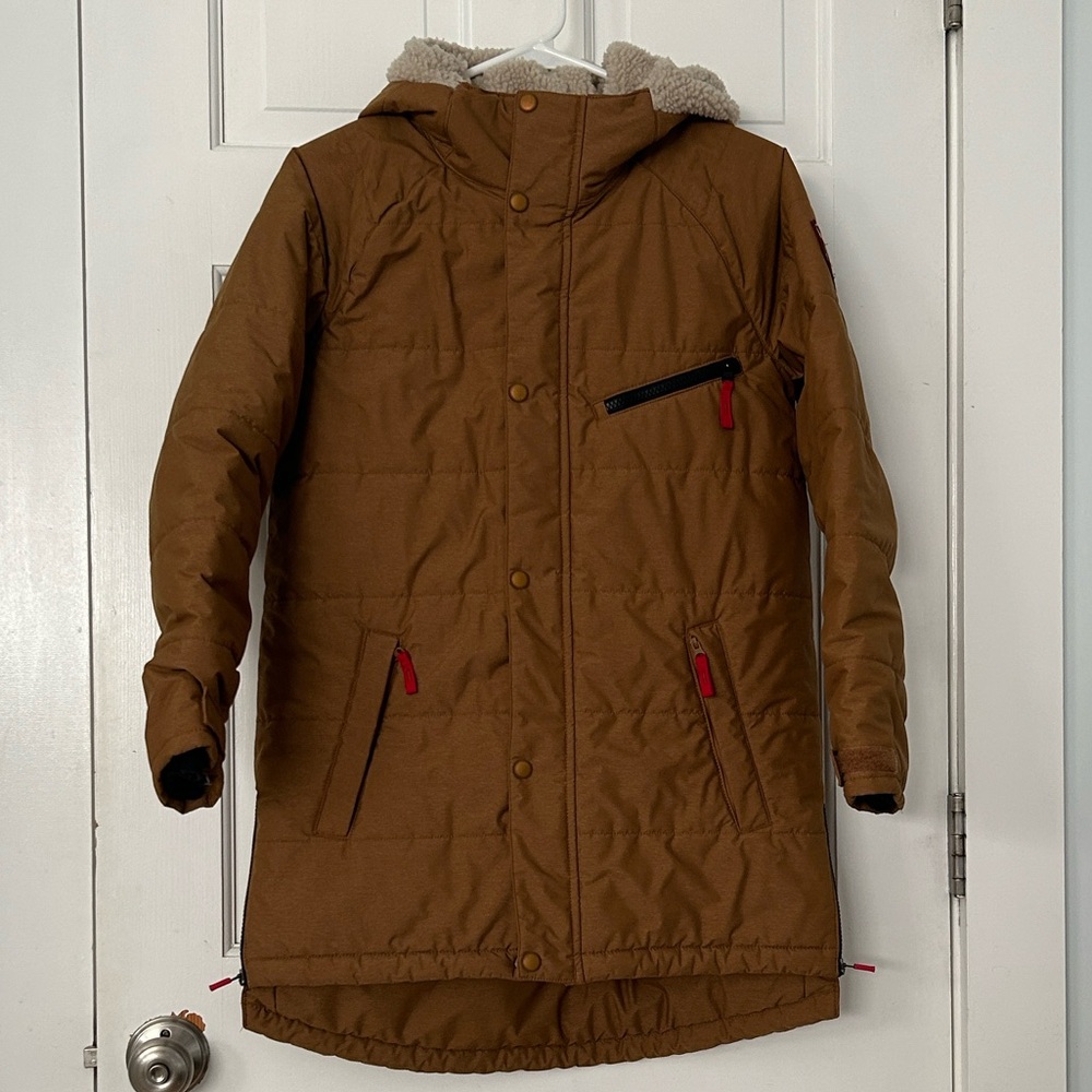 LLBean Brown Hooded Parka with Red Accents & Primaloft